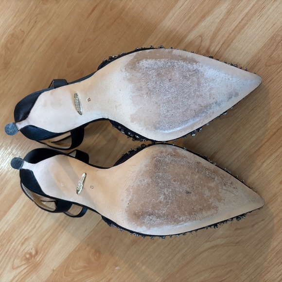 BADGLEY MISCHKA BLACK SATIN RHINESTONE BEADS ANKLE STRAP HEELS LIKE NEW 8 - Picture 8 of 10